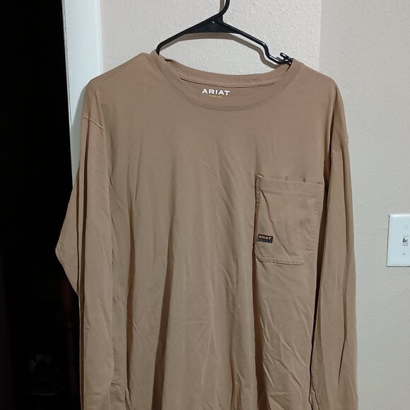 Ariat Rebar Born 4 This Mens Long Sleeve Pocket T-shirt Size XL Tan - Picture 3 of 13